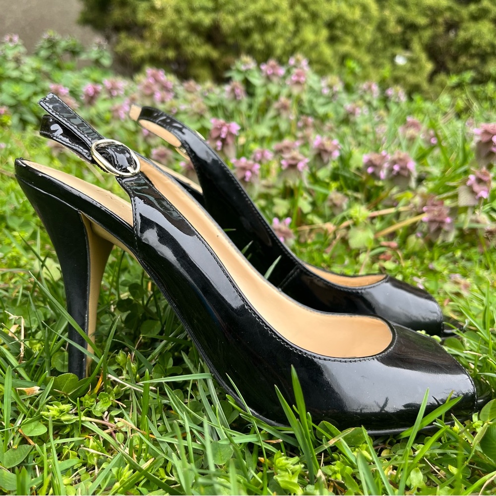 Enzo Angiolini Black open toe stiletto 3 inch heel with sling back strap…